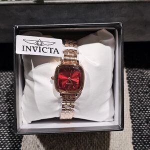 Invicta Rose Gold Bracelet Watch with Red Sunburst Dial